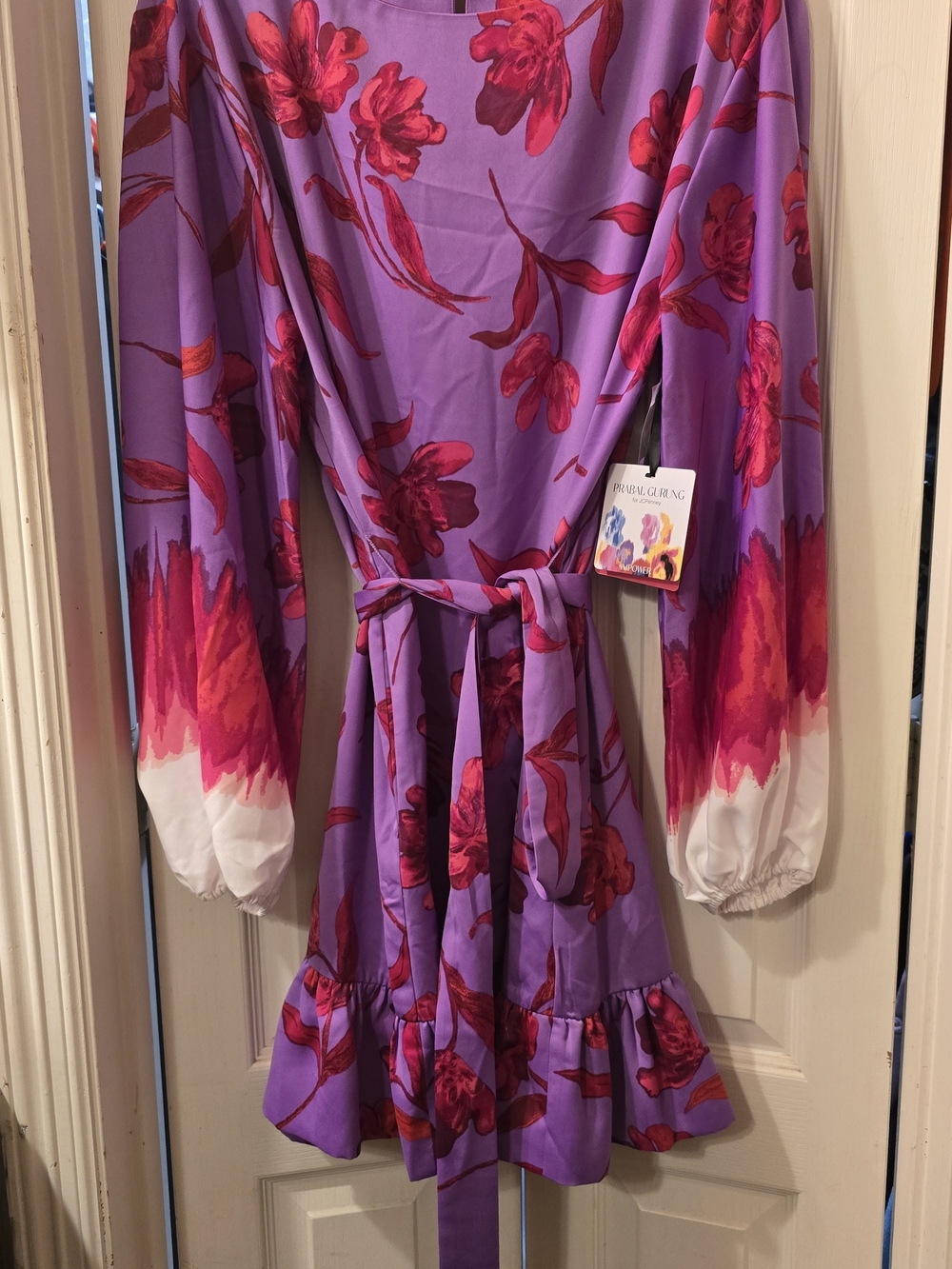 Prabal Gurung Purple Dress with Pink Floral Print and White Cuff Accents